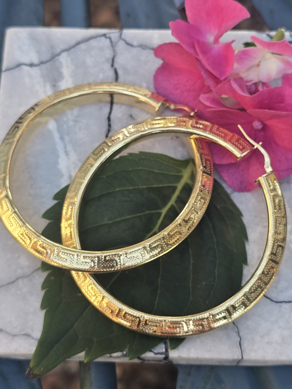 Extra LARGE 14K GP  Over SOLID  Sterling Silver Greek Key Hoop Earrings